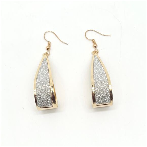 Vintage Y2K Gold Dangle Drop Earrings With Silver Glitter Pierced Ears - Picture 1 of 4